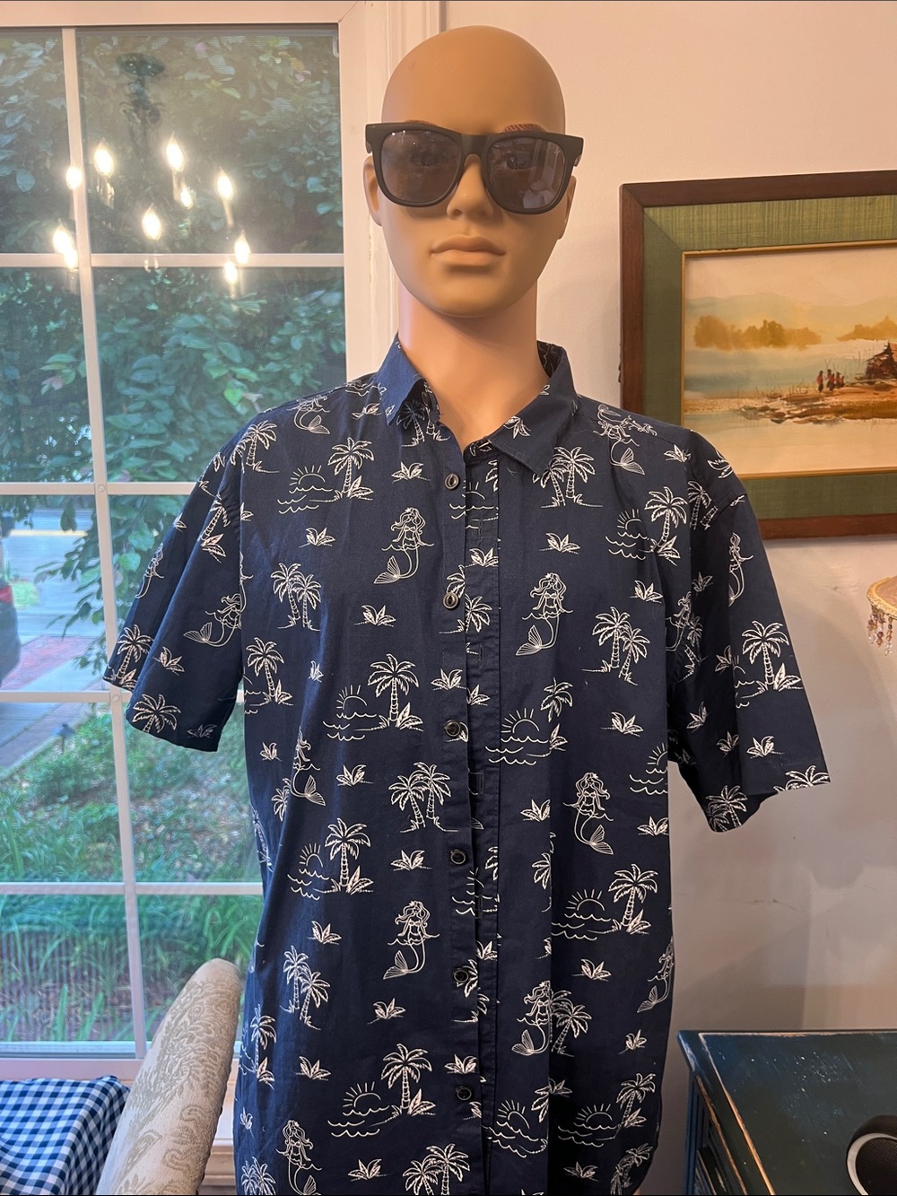 No Boundaries Navy and White Short-Sleeve Tropical Button-Up Shirt
